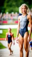 Placeholder: anorexic beautiful girl, age 21, total shot, short silver triathlon swimsuit, blonde wavy bob haircut, blurred background