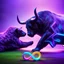 Placeholder: brightly coloured 3D infinity symbol ∞, bull with horns on right fighting with a bear on left, bull is winning, DSLR with a 80mm lens f/16 and a slow shutter speed of 1/15s, realistic photograph, striking, neon, vibrant, chiaroscuro, dramatic, captivating, high-tech, powerful, fantasy, beautiful, octane render, 16k post-production, award-winning photo: atmospheric: commanding: clarity: ultra quality: striking: brilliance: stunning colors: amazing depth