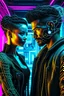 Placeholder: a handsome cyberpunk man connected by wires with a beautiful cyberpunk woman