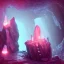 Placeholder: single pink crystal, on an altar in a foggy cave, cinematic,