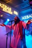 Placeholder: An "Kebab man" performing at dance club, his name is "Kebab man" and looks crazy, Jesus on stage, White and light blue Neon lights and smog, "KEBAB IN HEAVEN" SIGN ON WALL