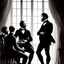 Placeholder: hyper realist, silhouettes, small group of victorian elegant men discussing, hyper detailed, realist, awesome, chiaroscuro, high contrast, black and white, quill pen, gustave dorè style