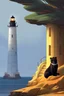 Placeholder: On a cliff over the sea, with a lighthouse in the background,A bear in a tuxedo is paying a respect to a widow near a yellow coffin