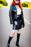 Placeholder: pretty mature woman, red long haired, nice smile, sunglasses, headphones, nice body, big bubs and nice legs, little leather jacket, skirt and boots rocker fashion