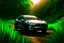 Placeholder: A Tesla's 'Model Y' is racing at top speed, across the 'Jurassic Park' jungle. CINEMATIC. WIDE ANGLE LENS. PHOTO REAL.