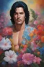 Placeholder: Paul Stanley/Elvis Presley/Keanu Reeves/Jon Bernthal, multicolored, large, floral designs, atmospheric, beautiful, oil painting by Boris Vallejo, 4k UHD, Photorealistic, professional quality