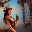 Placeholder: great illustrator, spanish, realistic rendering of a spanish cute girl, beautiful, steampunk style. Helmet with tubes. smiling. Machinery in the background. robotic bird flying. High details. 4k. unreal engine