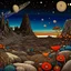 Placeholder: Colourful, peaceful, Max Ernst , night sky filled with galaxies and stars, rock formations with fossils, flowers, one-line drawing, sharp focus, 8k, deep 3d field, intricate, ornate