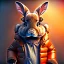 Placeholder: Rabbit toddler, smile, steampunk headphone, sunglass, gangsta neckless, full body, orange puffer jacket, tokio background, dramatic lighting, hyper realistic, unreal engine 5, 16k