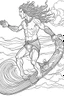 Placeholder: Outline art for coloring page OF A BUFF SURFER WITH LONG CURLY HAIR WITH HIS BACK TO US WEARING SHORTS RIDING A WAVE IN HAWAII, coloring page, white background, Sketch style, only use outline, clean line art, white background, no shadows, no shading, no color, clear