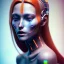 Placeholder: A beautiful portrait of a cute gelly cyberpunk woman happy, grain on the skin, tribal tatoos, orange color scheme, high key lighting, volumetric light high details with white stripe, blender 3D