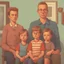 Placeholder: An awkward studio photo of a family, cartoon style Simon Stålenhag