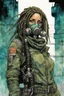 Placeholder: front facing full length portrait illustration of a grunge armored female with beaded dreadlock hair cyberpunk vampire mercenary with gas mask, telecommunications headset, and shemagh, highly detailed with gritty post apocalyptic textures, toxic irradiated landscape, finely detailed facial features and hair, in the graphic novel style of Bill Sienkiewicz, and Jean Giraud Moebius, ink wash and watercolor with realistic light and shadow