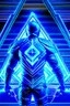 Placeholder: neon blue, floating triangle of light orbiting behind the back, cyber armor, geometric patterns on armor, male, orbiting triangle