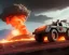 Placeholder: wide angle of Gi joe driving A lunar armored rover with tracks and claw and orange, troops, big Erupting Cloudy volcano, White headlights on flamethrower