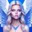 Placeholder: portrait of a beautiful woman with an angel face smiling,long blond hair, blue eyes, pink and blue dress, jewels, soft light aura