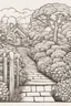 Placeholder: Subject: A serene garden scene with a small winding path leading to a quaint wooden bench. Style: Cartoon illustration with a focus on bold lines and simplified forms. Details: Create a detailed line art illustration of the garden scene described above. Use thick, black lines to outline the various elements of the scene, making it easy to color within the lines. Simplify the shapes and forms of the flowers, trees, and koi fish, making them suitable for coloring by adults or children. Avoid us