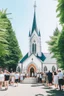 Placeholder: quintessential church with steeple with people walking out of it with the a large marquee