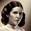 Placeholder: half-length color photography, three-quarter face pose of carrie fisher as Princess Leia with photo realistic fine and very simple short hair, entrancing deep brown eyes, Intricate, High Detail, Sharp focus, realism, beautiful and detailed lighting, Nikon D850, ef 85mm 5.6 by Annie Leibovitz