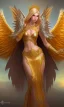 Placeholder: Female angel with big wings and golden crown floating above the ground in the dark, michelangelo style, detailed, world of warcraft style