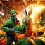 Placeholder: portrait of crazy cook and army officer shooting huge carrots rockets with lightening inside grove with huge fluffy hare with mutations getting blasted by explosions, 4 k, down-light, soft light, depth of field, photo realism, trending on art station, high detail, spray paint