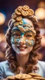 Placeholder: portrait of cute woman with cookie mask, baker of the highest many storied advanced art cake sculpture during a casino game show, bokeh like f/0.8, tilt-shift lens 8k, high detail, smooth render, down-light, unreal engine, prize winning