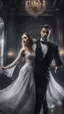 Placeholder: Hyper Realistic close-up-view-of-handsome-muscular-man-in-black-tuxedo dancing with a beautiful-ghost-of-a-women-in-torn-white-gown inside a super-dark-fancy-hall-of-a-mansion with creepy flying-ghosts behind showing dramatic & cinematic ambiance