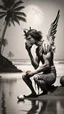 Placeholder: Charon on his knees on the shore holding coconut wearing crying angel zebra holding his head