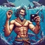 Placeholder: the sea god Poseidon, taking selfie with sharks, smiling, retro pixel art, detailed,