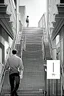 Placeholder: a boy climbs the stairs, greyscale