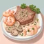 Placeholder: delicious baked steak with mushroom sauce and seafood. illustration 3d style. HD. soft pastel color