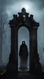 Placeholder: Scary tall figure in a black mantle whose face resembles a skull stands ominously at the gate of an old cemetery in the middle of the fog at night.