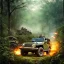 Placeholder: vietnam war. war report. jeep in jungle. poster. bokeh. lens flare. warm lights. high detailed