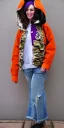 Placeholder: Brunette.thick thighs,thick calves,flat belly,curvy fell. big head. Mantle is sewed of upcycled Denim and sewed together of camouflage pieces. Pieces' color are orange, cream and purple. It is with big bright purple felt tippet and cream-colored-hood. mantle is merged with satchel. . Big AKG-style headphones (gold rings!) is merged with small felt cap with small visor. Style: Haute Couture in 1910's, N.Y.C fashion in 1996, inspired by street art 2023 Paris