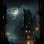 Placeholder: old, brown town with tall, skinny buildings. dark at night with moon in sky. gothic style. rainy and cloudy