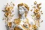 Placeholder: White background, Woman statue made of gold, flowers, birds