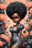 Placeholder: Create an expressive oil painting art image of a curvy black chibi female wearing a grey off the shoulder blouse and she is looking down with Prominent makeup. Highly detailed tightly curly black afro. Background of large peach and grey flowers surrounding her