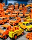 Placeholder: A light orange color junkyard filled with construction vehicles painted by Keith Haring