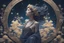 Placeholder: sky in a starry night with glowing meteor showers, ascension of a woman in flower crown decomposing and dissolving into moon, dark - blue black gold beige saturated, ornate baroque rococo art nouveau intricate detail, 3 d specular lighting, cinematic