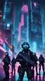 Placeholder: In a futuristic cityscape of neon lights and towering skyscrapers, a group of heavily armed cybernetic policemen patrol the streets, their glowing visors scanning for any signs of criminal activity.