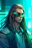 Placeholder: male cyberpunk solo with long hair tail, Norwegian, Wearing Leisureware and mirrored sunglasses, suave, strong, nice, Anime Style, Retroanime, Video Game Character