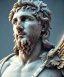 Placeholder: Realistic image, roman sculpture, marble material, Lionel Messi with Laurel wreath model, miguel angel style, God light, god rays, 4k resolution, perfect details, ornate details, soft lighting, unreal engine 5, soft cyan background.