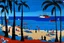 Placeholder: A blue beach near an island designed in Bayeux tapestry painted by Stuart Davis