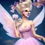 Placeholder: fantasy fairy with transparent wings, smiling, make up, long platinum blond hair with crown and flowers, pink dress