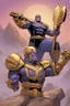 Placeholder: Thanos, the commander of the army of aliens and the king of the entire galaxy, is ready to go on a campaign with his two large swords, his very beautiful and impenetrable armor with his golden helmet, standing on top of a hill with his sword with infinity gauntlet