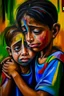 Placeholder: a girl hug her brother and both crying sadly, expressionism, Pixar style, in abstract art Basquiat, Picasso, Miro, Kandinsky, Klee, Birell, Fairey, Ardon, Buffet aand Picasso style, HD --s 750 --v 5.1 --style raw, water color