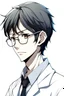 Placeholder: Anime man side character with dark black short hair and wearing doctor clothes, eye glasses, without muscles aged 30