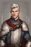 Placeholder: {{Man}}, Male, Olive Skin Tone, Short Hair, Silver Hair, Adult, Alan Ritchson, {{Blue Eyes}}, Black/red plate Medieval Attire, Digital Art, Graphic Novel Style