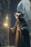 Placeholder: mr bean as robed goblin shaman wielding morning star in dark stone castle, 4 k, trending art, depth of field, volumetric light