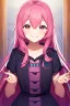 Placeholder: anime, female, young, assistant, cheerful, facing the camera, center in portrait, pink haired, long hair